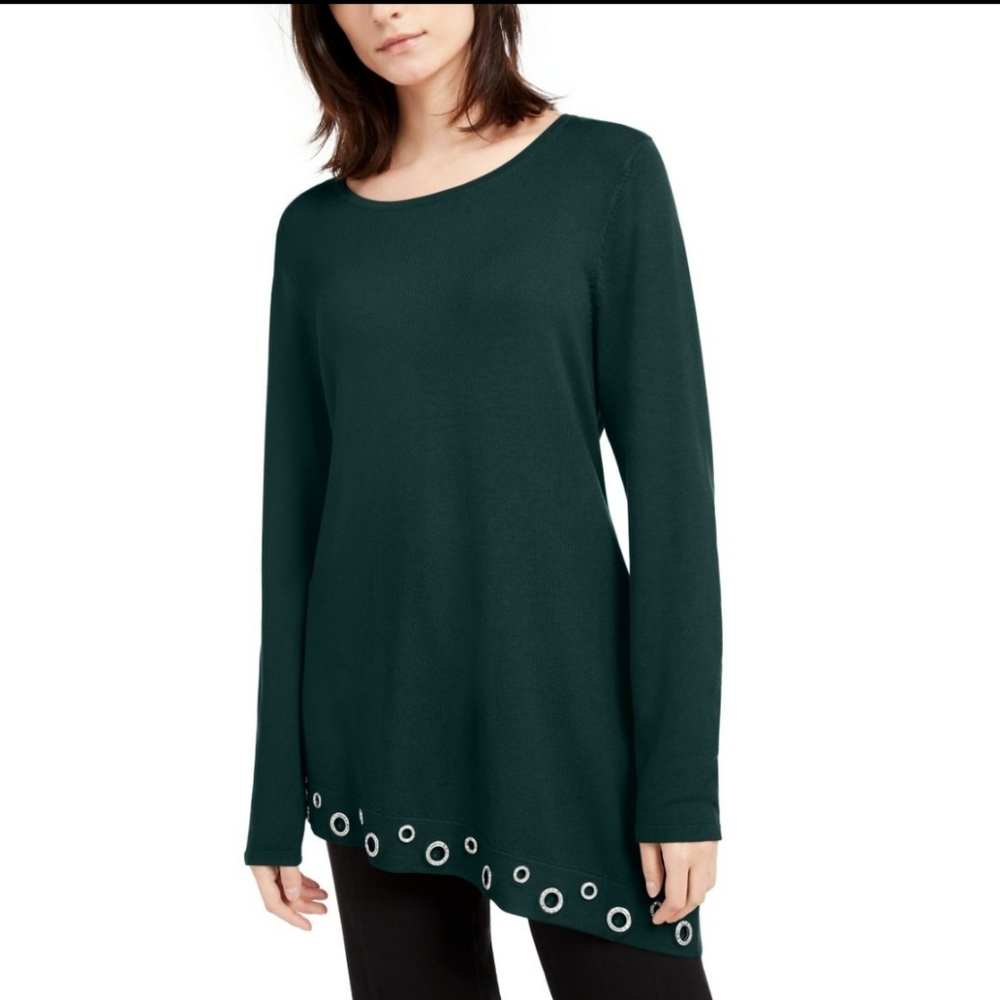 INC Women's Asymmetric Grommet-hem Scoop Neck Sweater Top Color:Hunter Forest